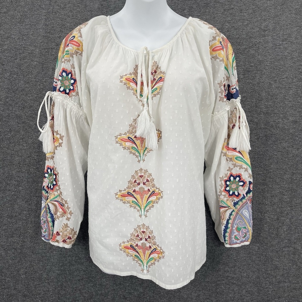 Tolani Blouse Top Womens XL White Floral Boho Embroidered Flowy Whimsy Sheer